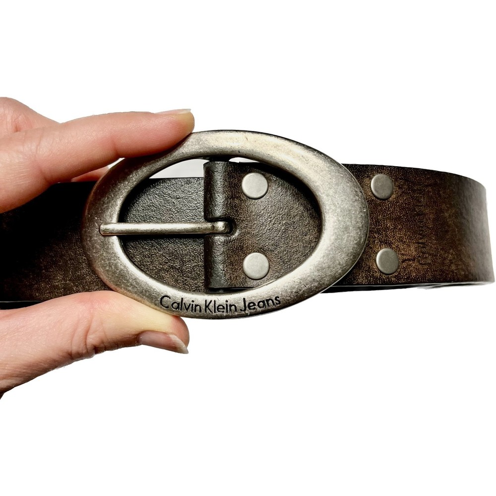 Calvin Klein Jeans Brown Leather Belt with Oval Buckle Excellent Condition